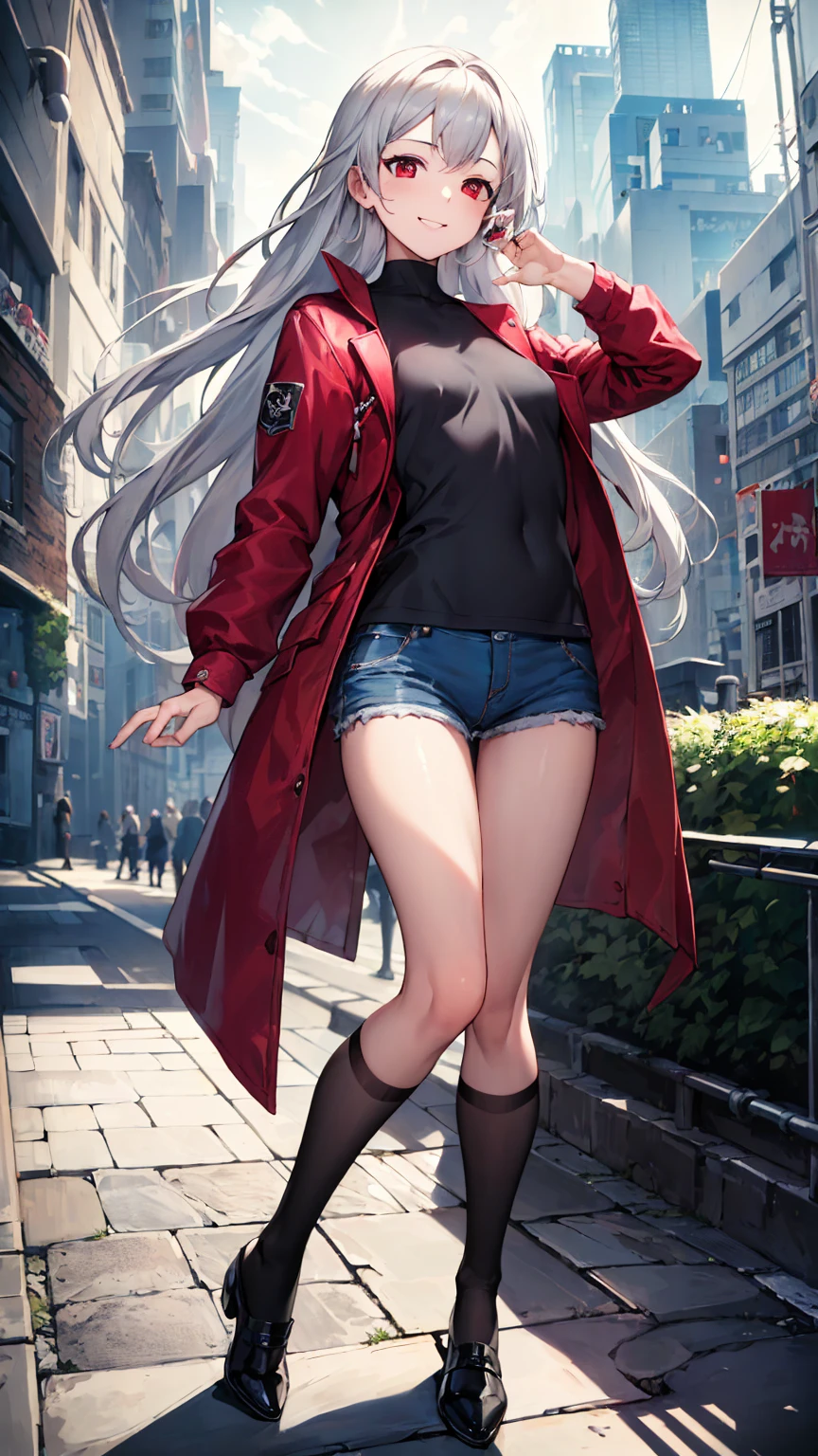 (masterpiece, top quality, best quality, official art:1.2), anime, 1 girl, full body, silver hair, red eyes, long hair, small breasts, long red jacket, black shirt, short jeans, black socks, black shoes, modern cityscape, smile, masterpiece, 8k, high quality, detailed art
