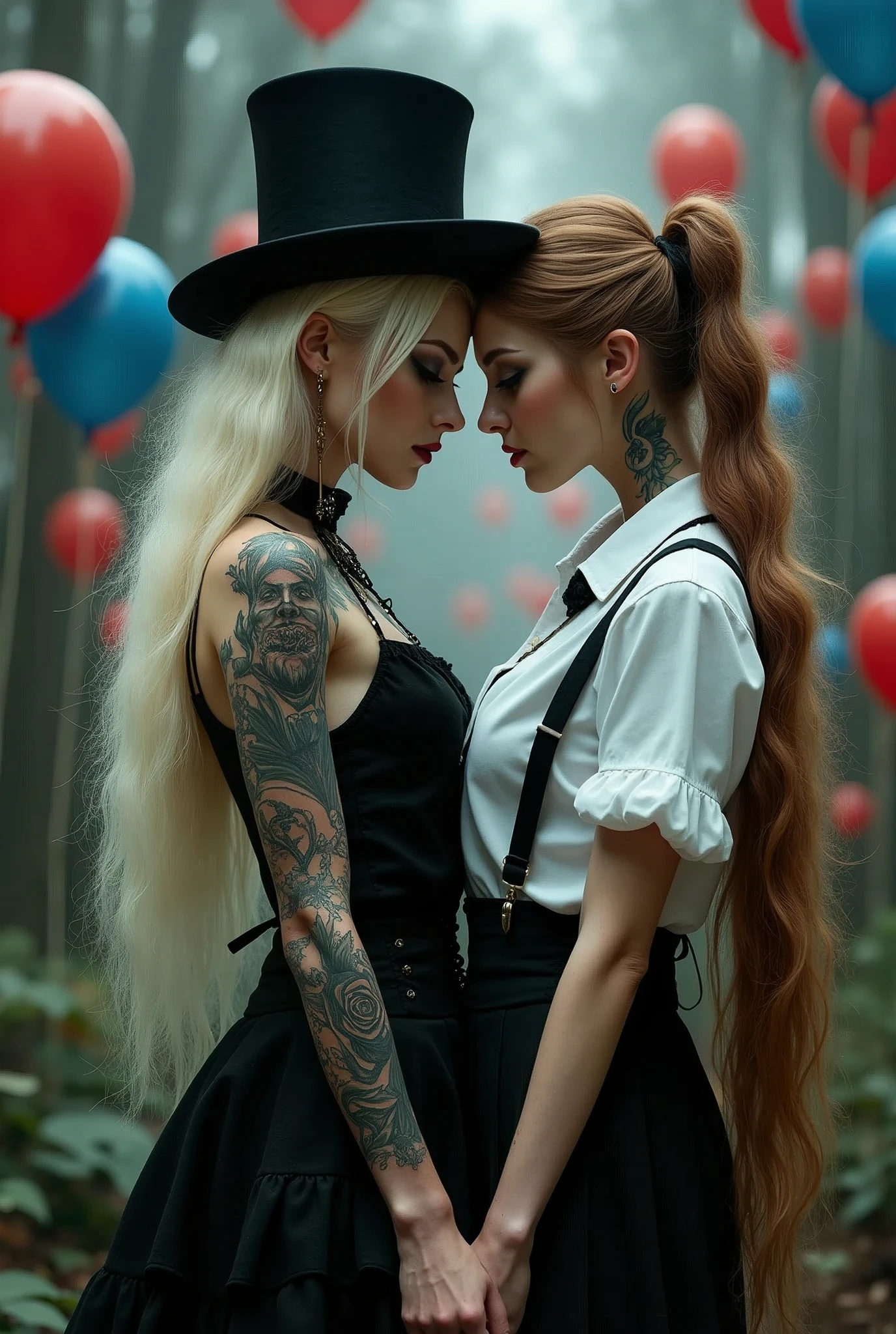 Two women, one with long blonde hair and tattoos wearing a black top hat, white shirt, and suspenders holding hands with the other woman who has extremely long wavy light brown hair in pigtails, both of them have gothic makeup standing next to each other surrounded by balloons in a dark fantasy fairytale aesthetic style.