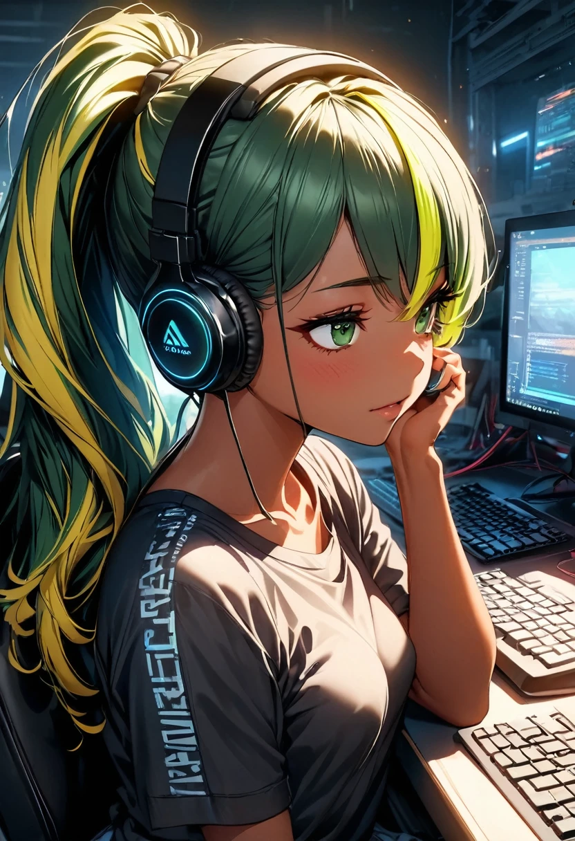 (highest quality:1.2, Very detailed, up to date, Vibrant, Ultra-high resolution, High Contrast, masterpiece:1.2, highest quality, Best aesthetics), Portraiture、girl、((25 years old:1.8)), (slim:1.2), Bright colors、Beautiful fine details、Beautiful lip detail、long hair, (ponytail:1.3), white and yellow green ((streaked hair:1.6)), highlights hair: 1.5, (small breast,:1) (tan skin:1.2), black t-shirt, pants, ((wear headphone:1)), game programer, typing keyboard on the desk PC., sitting gaming chair, glasses, side shot, (cowboy shot:1.1), (look at PC on the desk:1), upper body