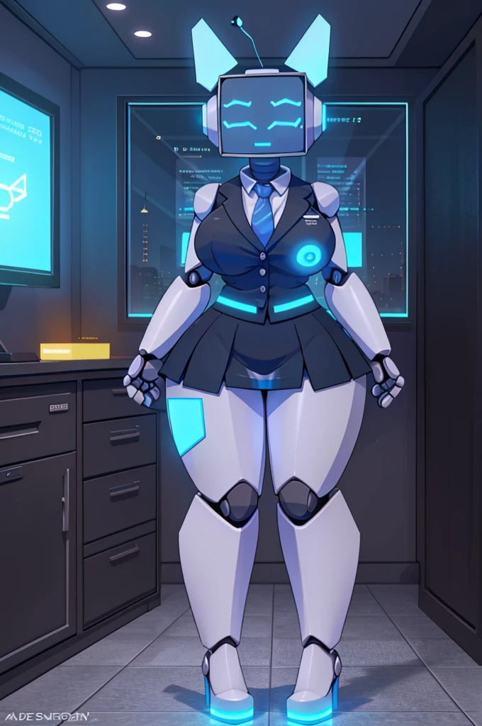(masterpiece) (high Res), (((robot))), (Perfect face), (perfect anatomy), robot woman with a robotic head, in super tight clothes, (office suit), (mini skirt), shirt, tie, happy, ((glowing screen face)), big breast, narrow mechanical waist, wide hips, thick thighs, metal body, black high heels, (robot girl), ((solo)), ((alone))