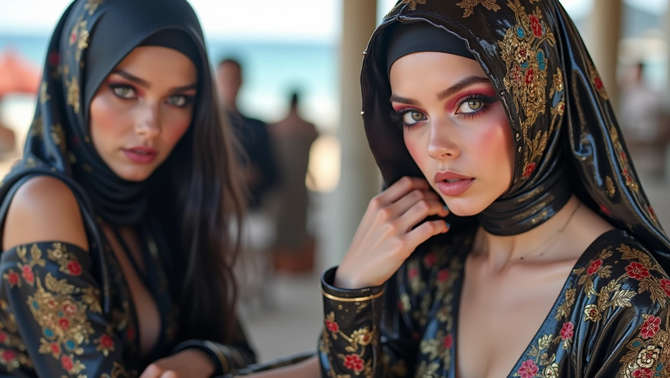 A young glossy-woman with intense-black skin , wearing a colorful, glitter-lacquered-ornate layered-burqa with floral decorations . She has long, dark jilbab tailored and chested and is wearing a slick-black and gold patterned slick-lacquered-satin-suit . The background is blurred, suggesting an palm-cafe or beach-cafe setting,

coquette funeral gothics, shallow depth-of-field, two exhausted intertwined gothic burqa gothics kiss closer while wearing a latex liquid-lacquered jilbab, lewd lesbians together petting too sensually excited, wear enormous glossy shimmering eyeliner eyeshadows lipstick blush rouge makeup, sparkling liquid-lacquered wrap blouse with button-front gothic glossy latex liquid-lacquered jilbab, enormous glittery eyeshadows & lipstick, 'very strongly colored eyelids with broad wide big glossy eye-shadow & enormous glossy eyeshadows' & 'thick eyebrows', wearing a smooth transparent 'glossy satin latex' purple satin iridescent blouse with ruffles & 'gold pleated glossy liquid-lacquered latex' glossy skirt with button-placket, adorned with a pleated purple reflective mirroring satin, with button-placket & dark-brown shiny mirroring gloves, golden long-sleeved floor-length glossy satin vest with a button-placket & glossy brown latex long-tunic shimmer wetlook glitter leggings & latex jilbab with high-collar blouse