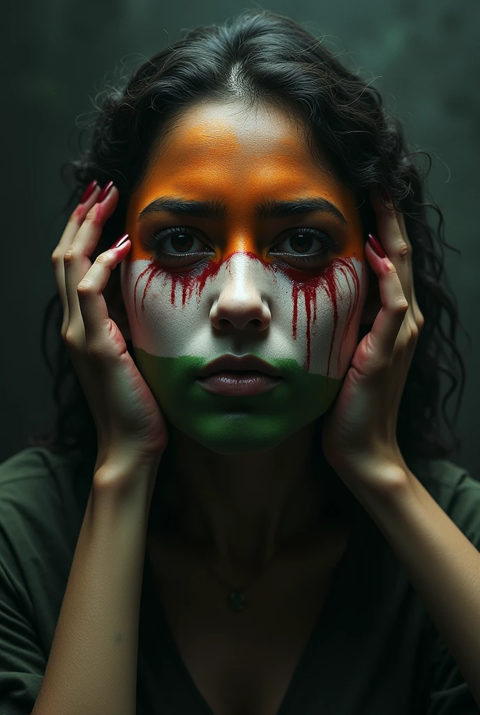 Raped indian woman holding Indian flag , bleeding eyes