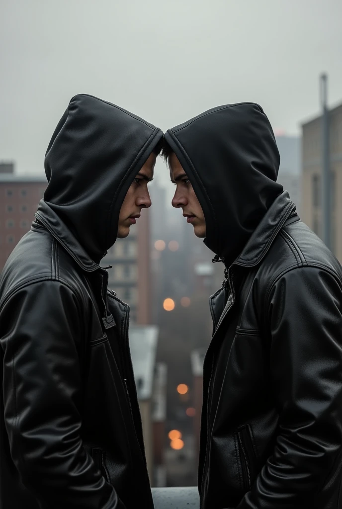 Two black rival brothers 18 years old in british gang style on top of buildings dressed in black photos taken behind their backs