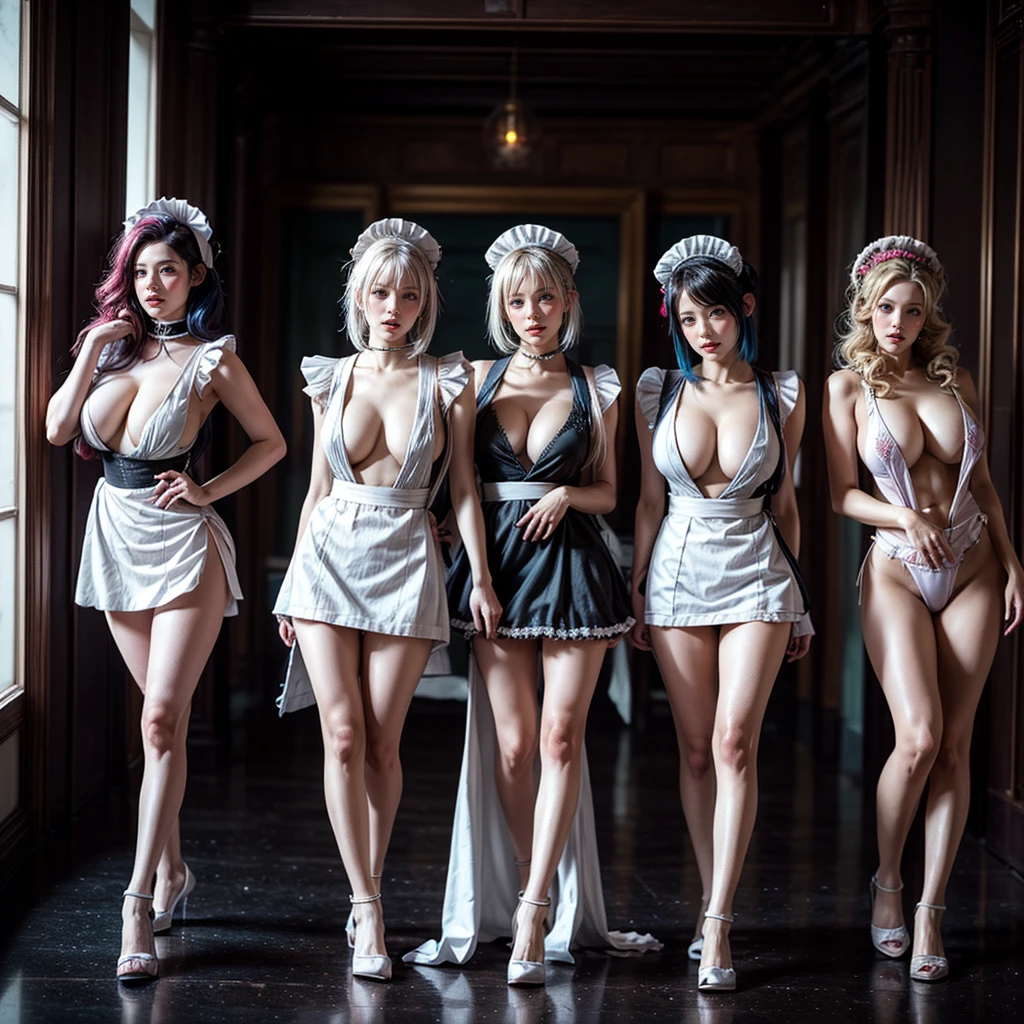 (Full Body of Extremely Detailed((Sexy Maid Group in a row:1.37))), KAWAII perfect face, Reflective Eyes, Detailed(Delicate Clothing textures), Correct Leg Line, Dynamic Joyful Expressions LifeLike Rendering, Specular Reflection, TopQuality 8K Ultra-detailed masterpiece (ProfessionalPhoto:1.37), (Acutance:0.8), (Luminism:1.28), (Renaissance art style), Colorful Light particles, ((Full body from side)), {Kissing|Thigh Gap|AssFocus|(NakedApron with Overflowing SideBoob)}, Radiant Fine Skin with Transparency, (Exposed:0.4), (Different types of Anime hair color){Pink Hair|Blue Hair|Platinum Blonde|Pure White Hair|Liquid Hair}, Perfect Lighting 