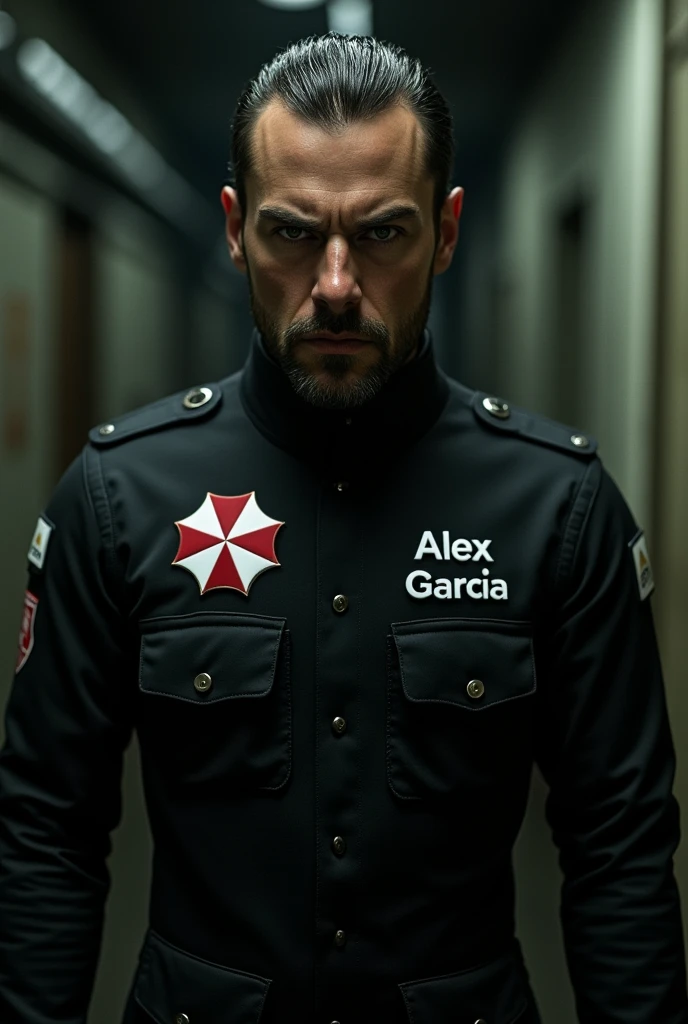 Create an Umbrella Corporation agent whose uniform says Alex Garcia.
