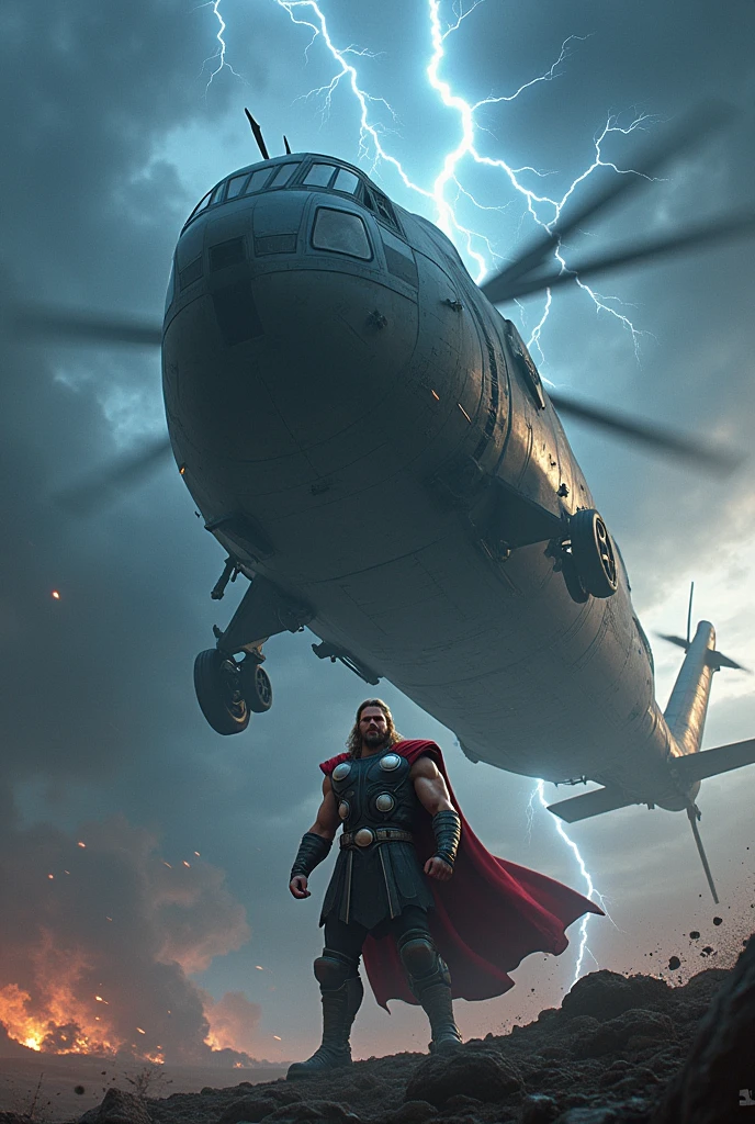 A big Thor hold a big flying helicopter and stop helicopter to fly
