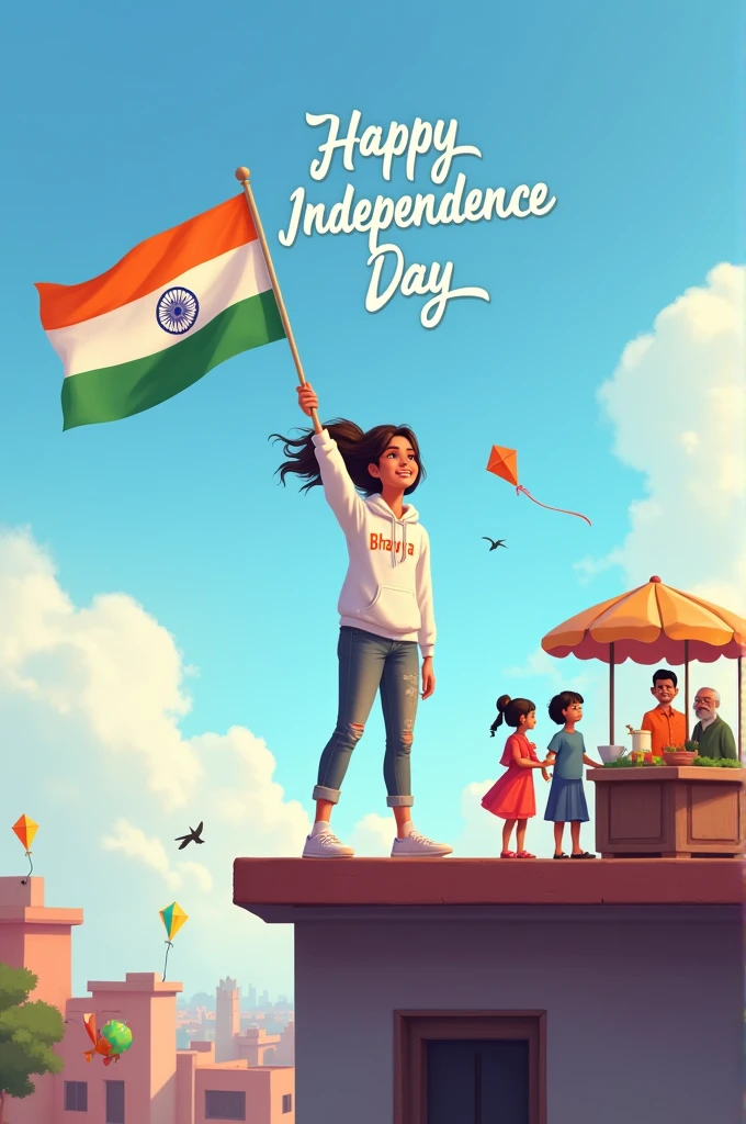 Illustration of a 20-year-old Indian girl standing on a rooftop, holding the Indian flag while watching children play with kites below. He’s wearing a white hoodie with 'Bhavya' written on it, and the sky is clear with a few birds flying. The rooftop has a small tea stall where uncles are chatting, and the text ‘Happy Independence Day’ appears in bold 3D at the top