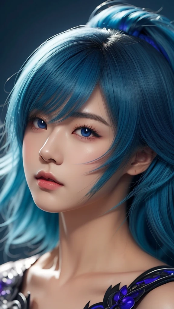 anime girl with blue hair and purple eyes posing for a picture, hestia, ayaka genshin impact, blue scales covering her chest, extremely detailed artgerm, portrait knights of zodiac girl, tsuaii, zerochan art, by Kamagurka, azure. detailed hair, artgerm on artstation pixiv, smooth anime cg art