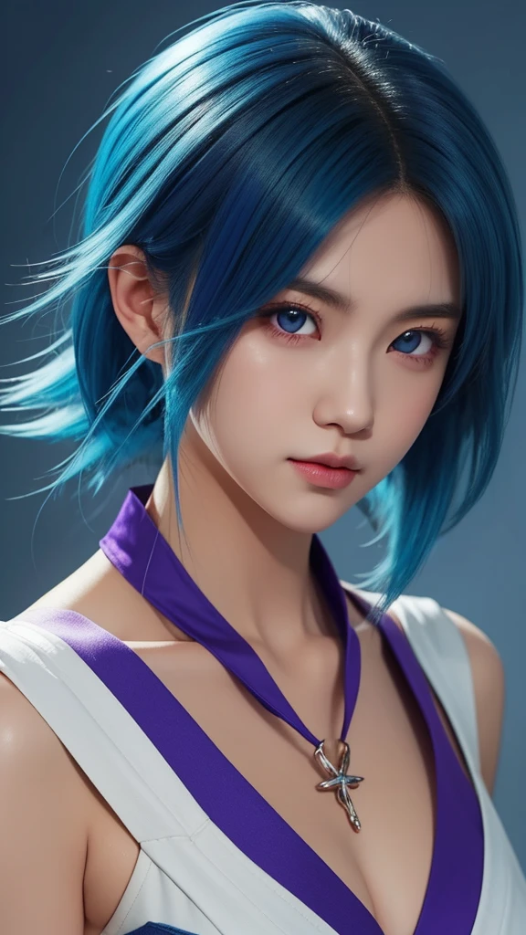 anime girl with blue hair and purple eyes posing for a picture, hestia, ayaka genshin impact, blue scales covering her chest, extremely detailed artgerm, portrait knights of zodiac girl, tsuaii, zerochan art, by Kamagurka, azure. detailed hair, artgerm on artstation pixiv, smooth anime cg art