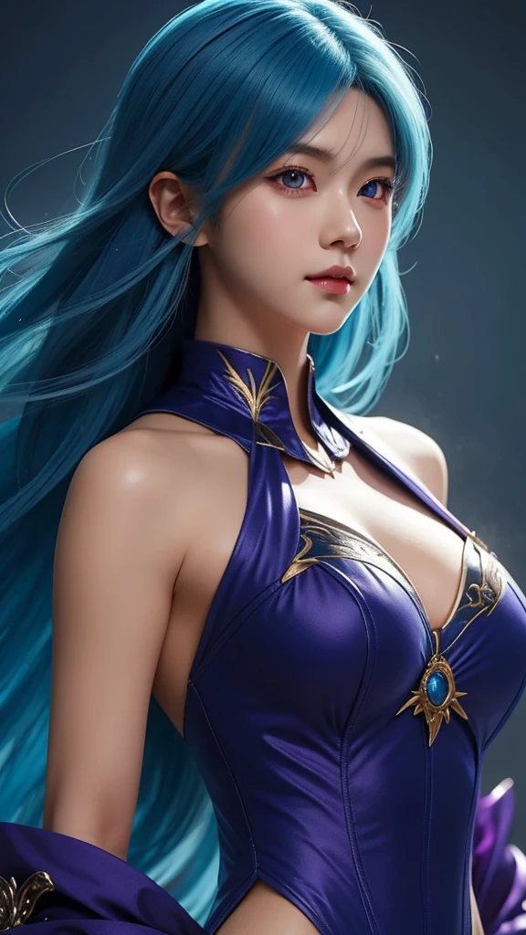 anime girl with blue hair and purple eyes posing for a picture, hestia, ayaka genshin impact, blue scales covering her chest, extremely detailed artgerm, portrait knights of zodiac girl, tsuaii, zerochan art, by Kamagurka, azure. detailed hair, artgerm on artstation pixiv, smooth anime cg art