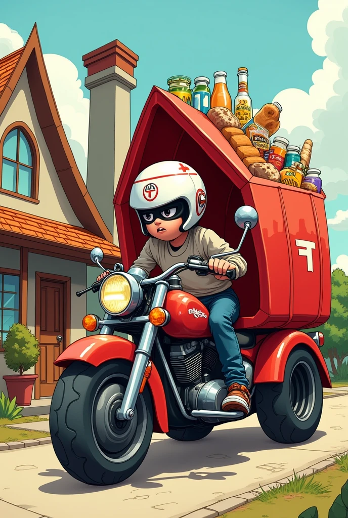 Big red cargo motorcycle with driver, with a large red basin with drinks, cereals, bottled milk, bean bag, packaged bread, excluding vegetables, behind the triangular roof of a hand-drawn cartoon style house