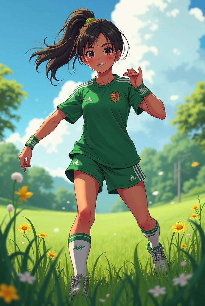 Anime girl in cr7 gateup 
Grass background 