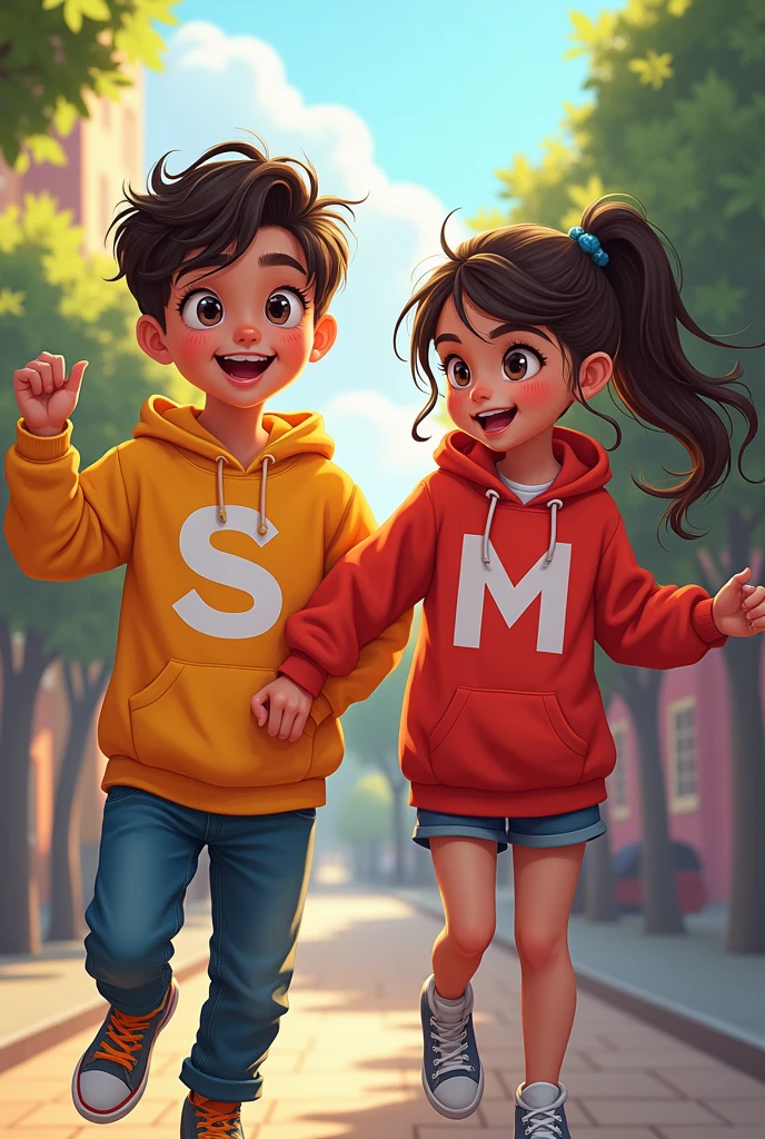 Girl with letter S on her hoodie and boy with letter M on hoodie