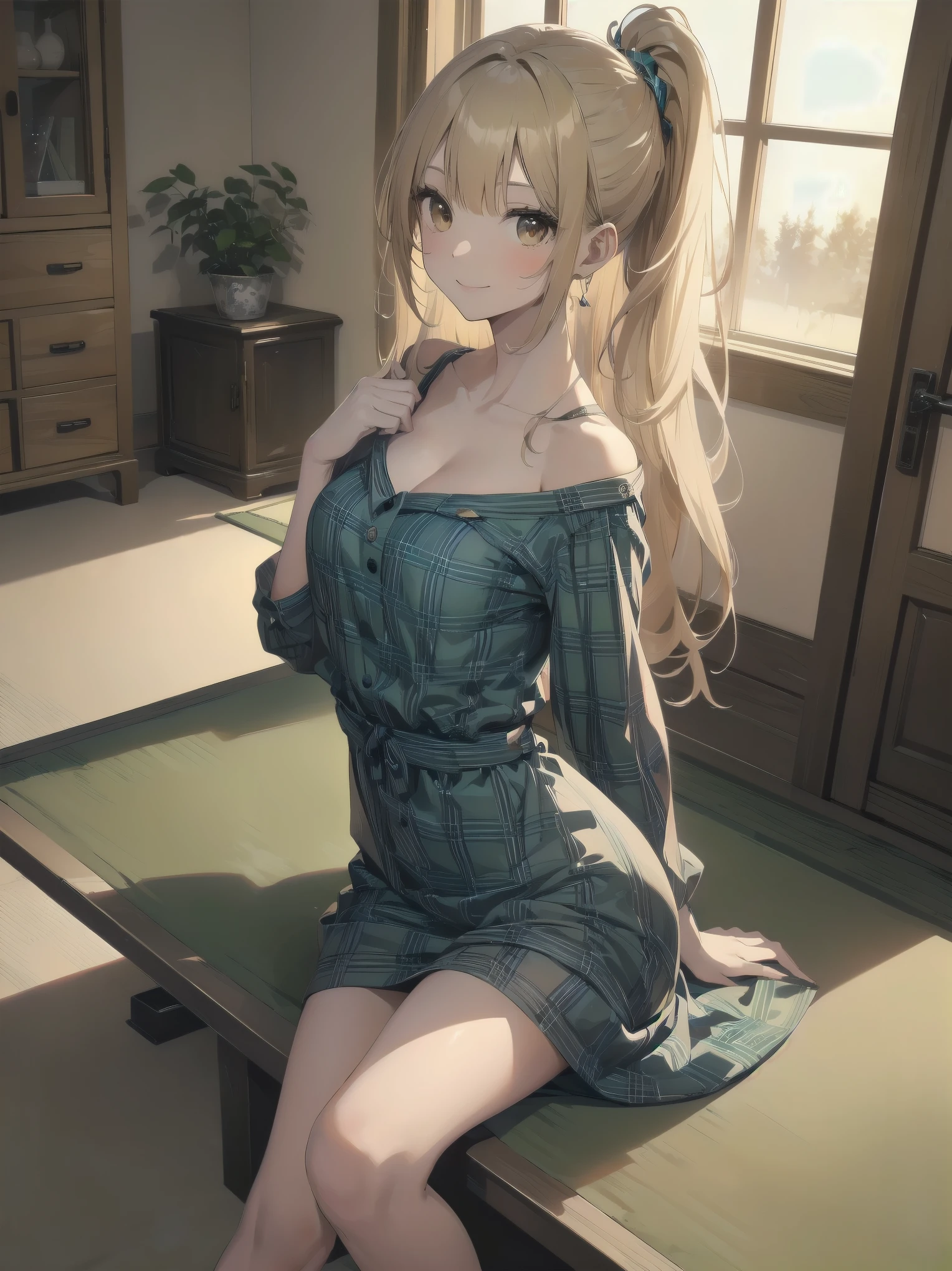 (Masterpiece: 1.3), (Best Quality: 1.2), close-up of one beautiful girl, super hyper-detailed illustration,
BREAK
(Body type: slender, small breasts, naturally charismatic)
BREAK
(Face: outstanding looks, mature beauty, golden brown eyes)
BREAK
(Hairstyle: ponytail, long hair with a smooth texture, layered lightly around the face, ends at chest level, blonde hair)
BREAK
(Fashion: plaid printed splicing dress with vintage long sleeves, modest and stylish)
BREAK
(Pose: bending forward, arms behind her back, bright and inviting smile, silky hair)
BREAK
(Background: cozy, natural interior with wooden features and green tones, 7 tatami mat room with a cosmetic table, bed, futon, cushion, chair, and accessories)