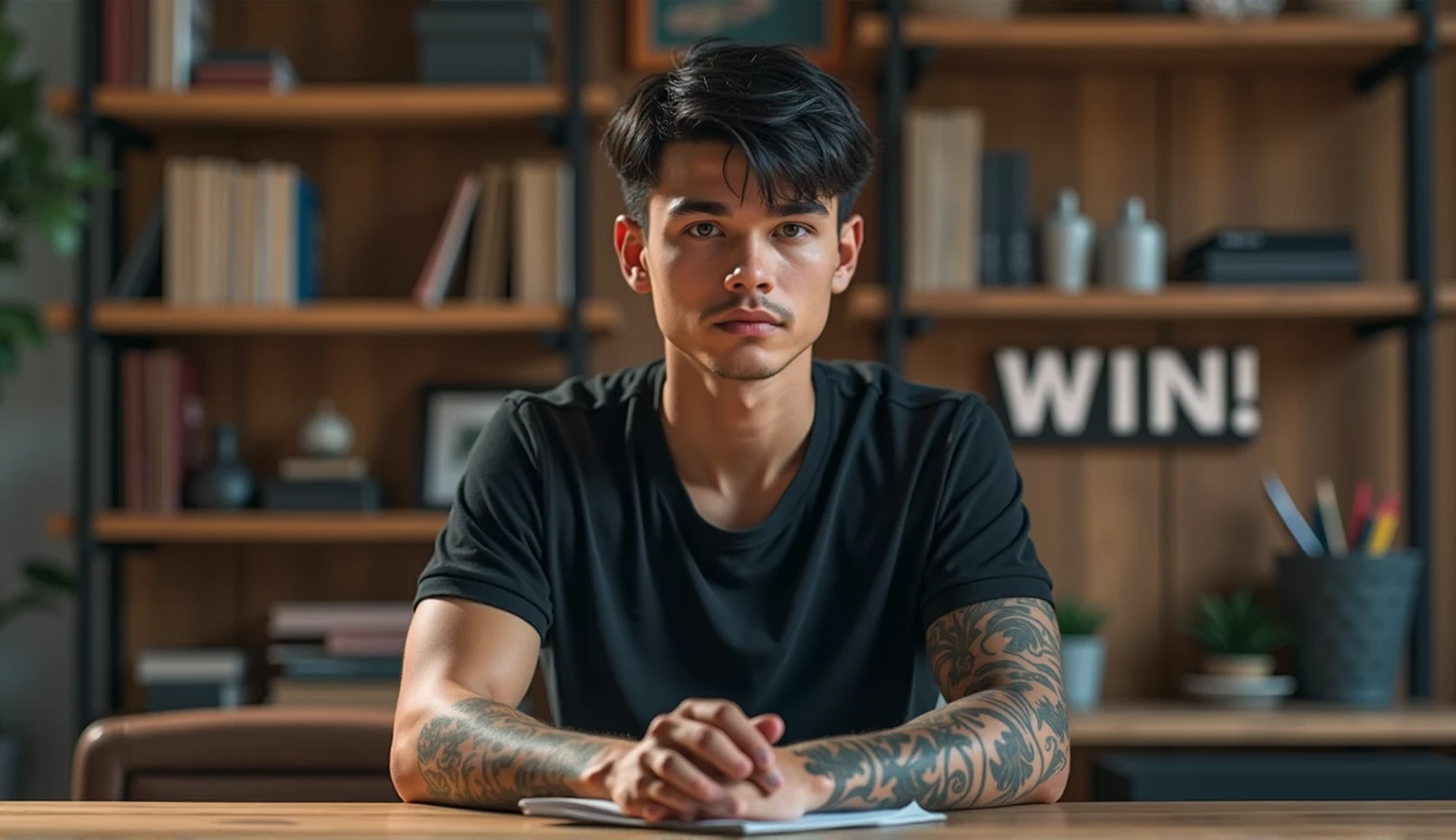 A young man with short dark hair and light skin sits at a desk, wearing a dark t-shirt. He has several tattoos visible on his arms and is positioned in front of a wooden bookshelf filled with books. The word WIN is prominently displayed in the center of the image, creating a motivational theme. The setting appears informal and inviting.