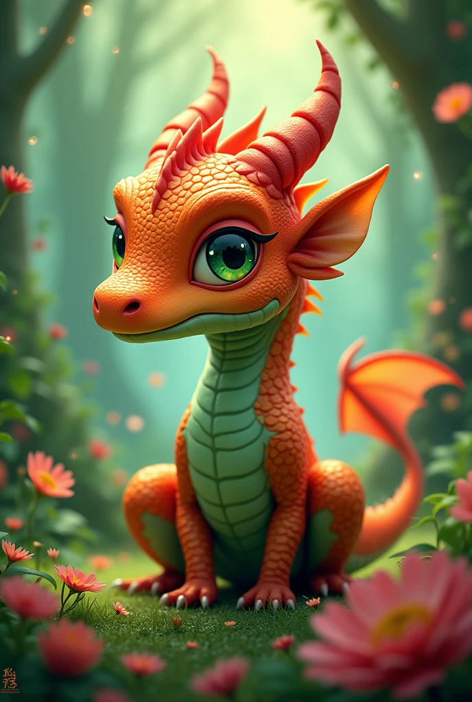 A small cute red green dragon with a pointed nose