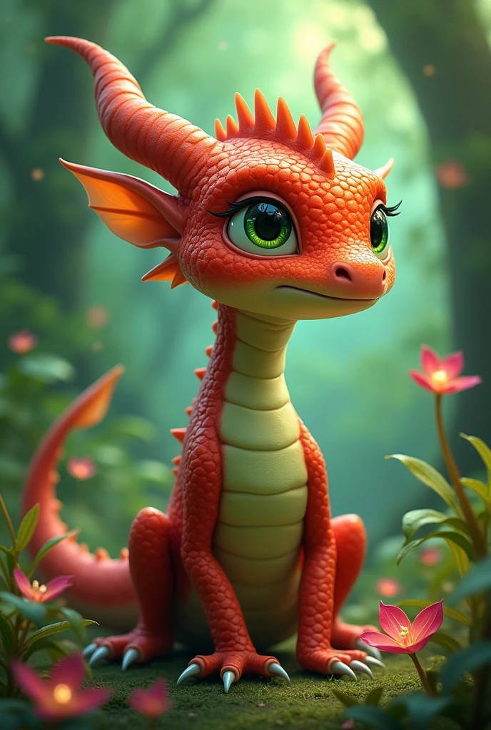 A small cute red green dragon with a pointed nose