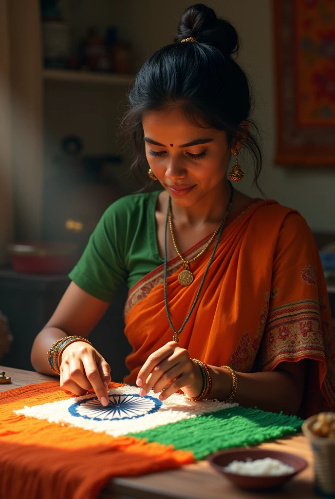 Single Indian women weaving indian flag from thread