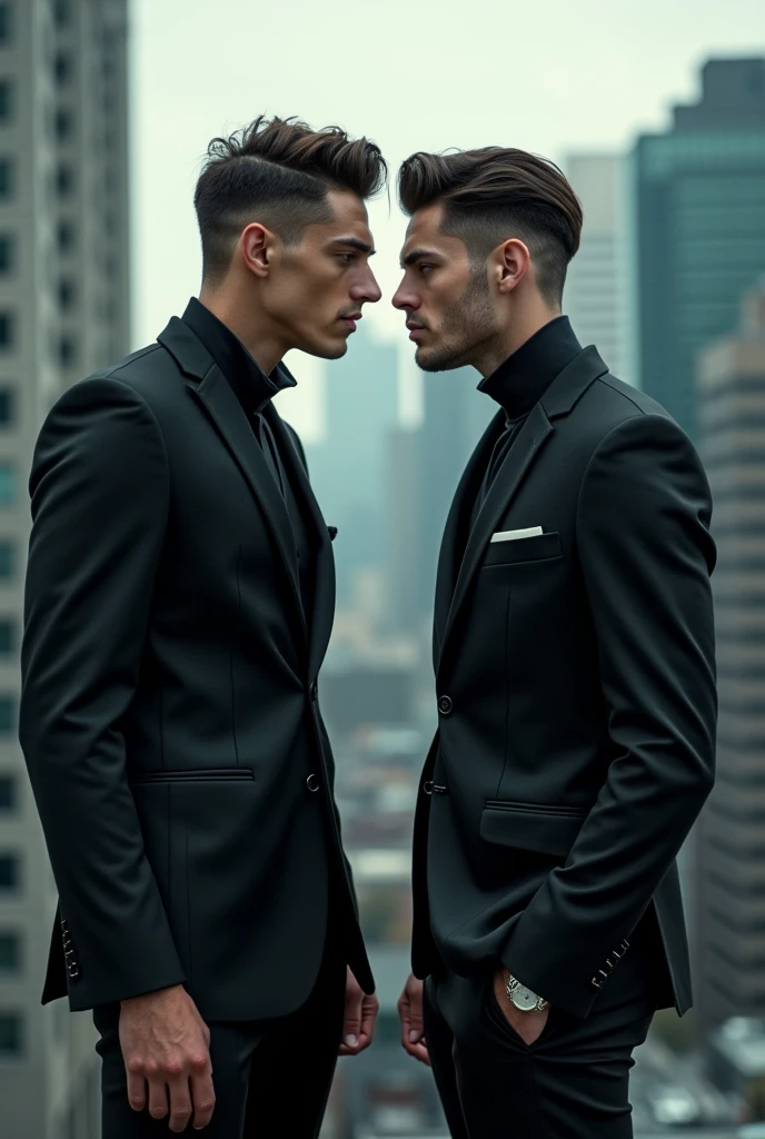 Two rival brothers, 18 years old, in British drip style on top of buildings dressed in black, photos taken behind their backs