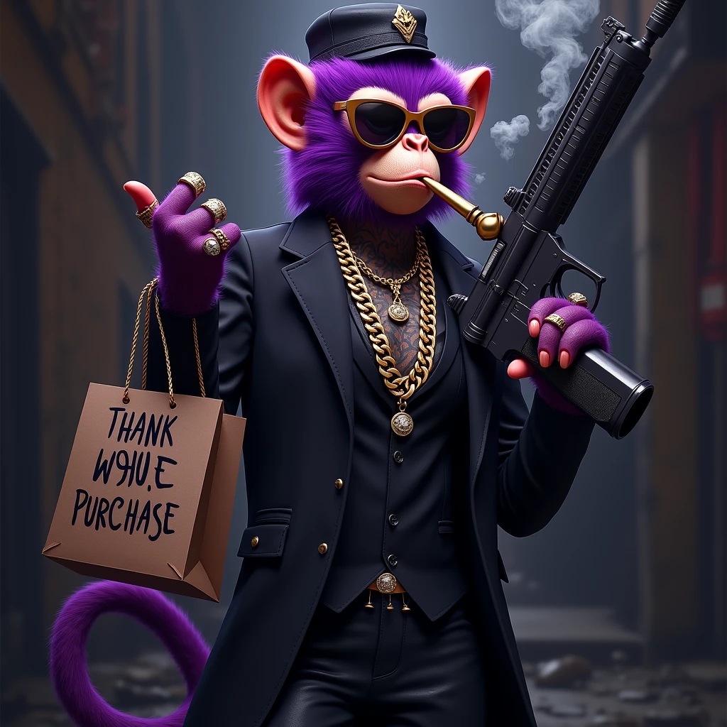 1 female purple monkey, With giant and high-caliber weapons, in a black gangster suit with chains, hat and glasses, tattooed, with huge diamond and gold rings, smoking with a pipe, with a shopping bag. A text that says "Thank you for your purchase"
