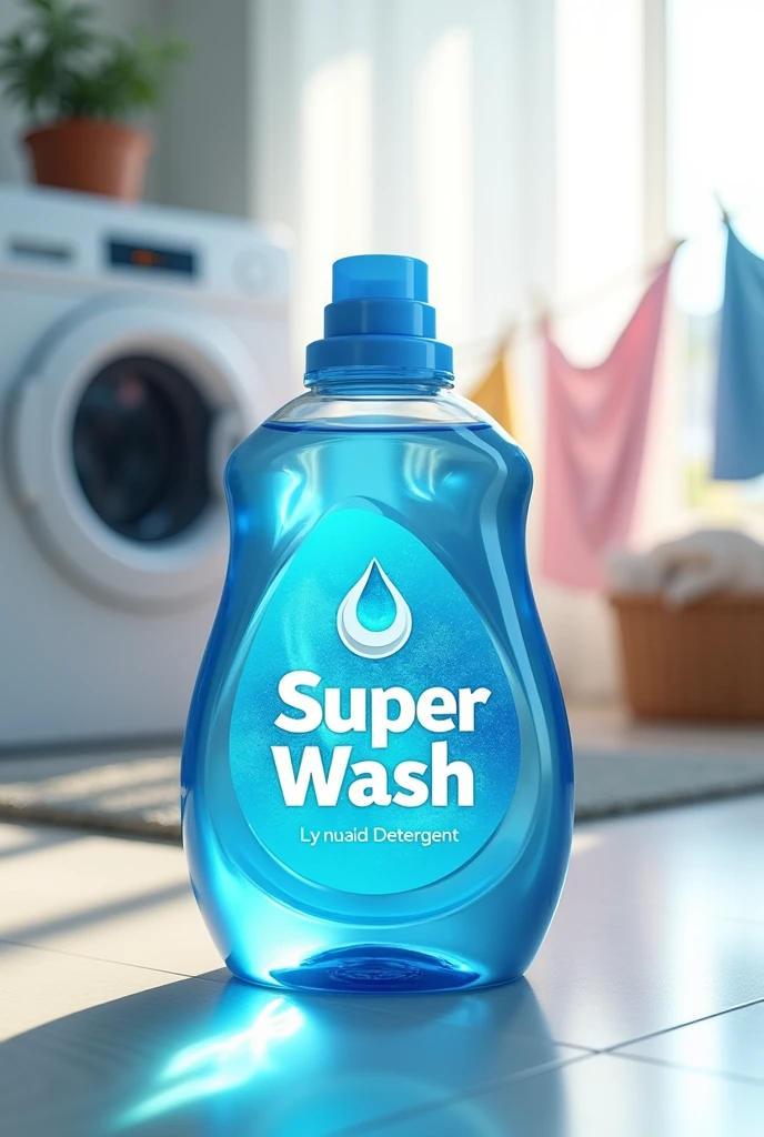 Super wash logo on liquid detergent  Ocean Blue transparent clear liquid bottle with Laundry  background and wishing machine with family with drying clothes 