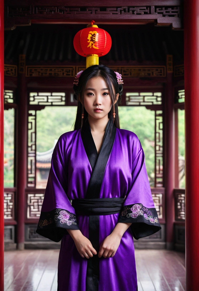 A girl, wearing a purple and black robe, stands in a Chinese-style building
