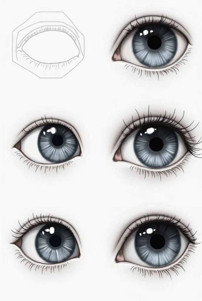 A drawing of an eye with 4 stages from simple to well detailed