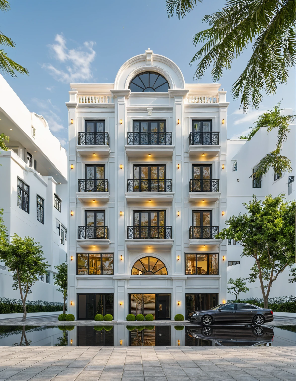 neo classical villa on street, (daylight), tropical tree, vivid colour, streetcapes, white tone, black detail, white wall, large glass door, warm interior lighting, best quality, masterpiece, ultra realistic