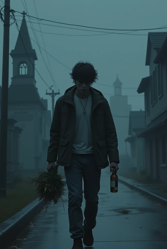 A young man walks in the night, There is fog from a heavy rain, Down a street, His face shows sadness, courage. pain, sobbing, His walk is sad. In one hand he carries a bouquet of flowers that has withered from the rain. In the other hand, a half-empty bottle of alcohol, He walks slowly towards a cemetery in the distance