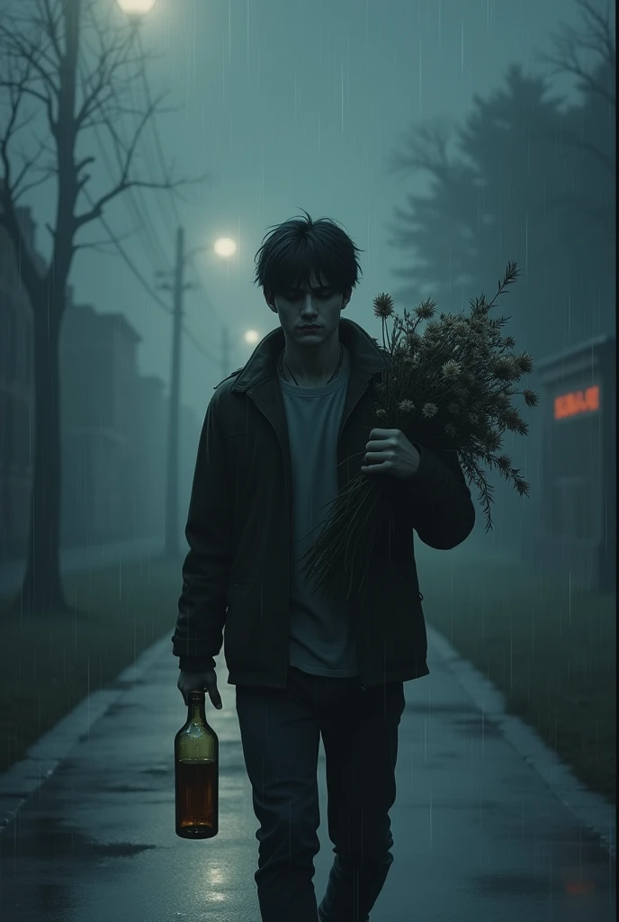 A young man walks in the night, There is fog from a heavy rain, Down a street, His face shows sadness, courage. pain, sobbing, His walk is sad. In one hand he carries a bouquet of flowers that has withered from the rain. In the other hand, a half-empty bottle of alcohol, He walks slowly towards a cemetery in the distance 