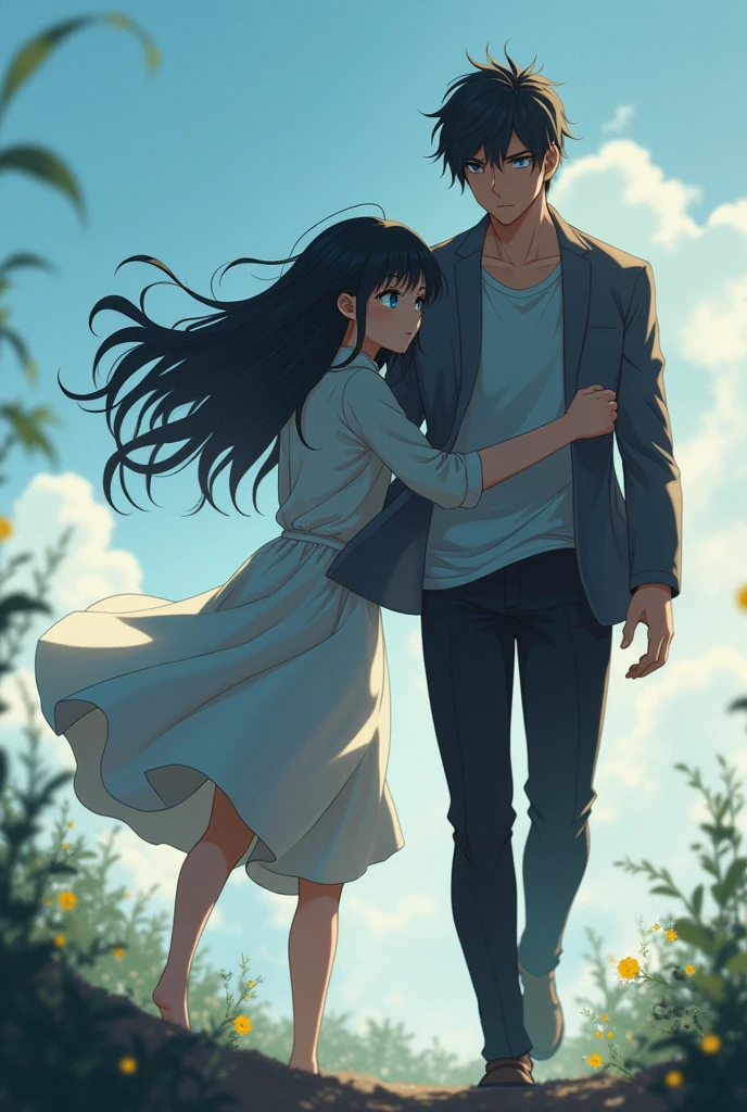 Girl with black long hair, with blue eyes she dies and sees her deceased blonde lover with a handsome, muscular body, Brown eyes, The girl runs towards him to hug him, anime art, masterpiece