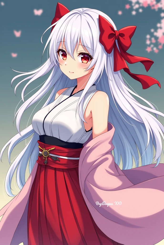 demon slayer oc, demon slayer's uniform, female kimetsu no yaiba art style, long loose white hair, have a red bow behind, sleeveless shirt, off-shoulder pink haori, full body drawing, anime, Japanese uniform, Taisho period 