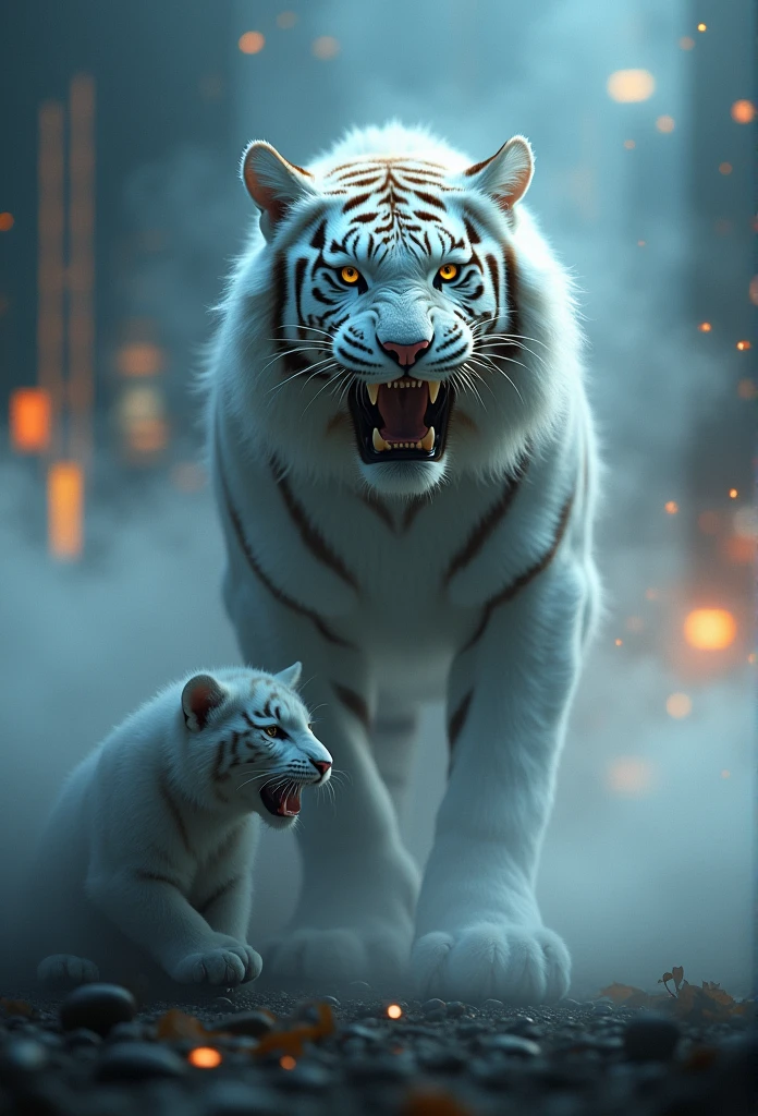 A roaring and powerful stance of a big white mother tiger, seen only as a blurry silhouette, surrounded by a mysterious fog of glowing particles, dynamic pose, a white furred cub hiding behind its mother, surrounded by a mysterious fog, extreme low angle side view from a low place, zoomed in focus, mysterious fog of glowing particles with a gradient effect of black, gray and white, contrasting colorful city background, masterpiece, best quality,
