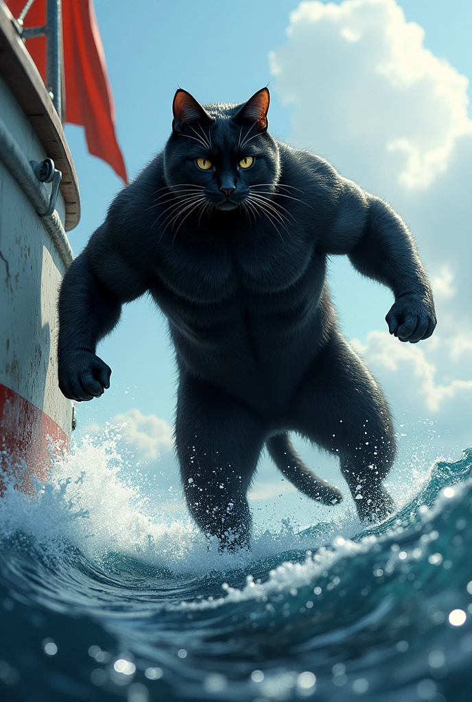 A big,muscular black cat standing on two legs falls off a boat into the sea