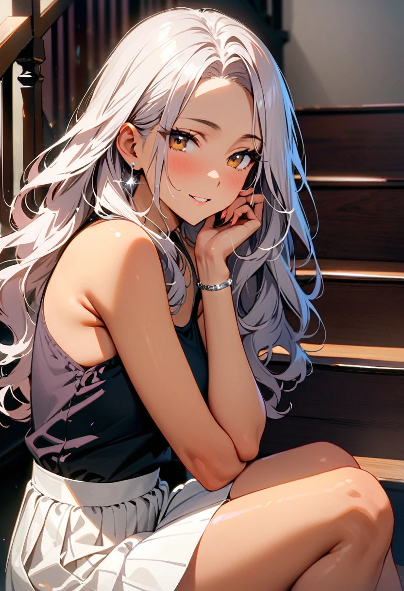 (masterpiece, best quality:1.3), a woman, 19-years-old, solo, mature face, average height, tan skin, slender figure, (long black wavy hair that's parted in the middle, no bangs:1.2), brown eyes, warm smile, light pale pink tank top, strapless tank top, silver bracelet, small silver earrings, white skirt, sitting, staircase, sitting on stairs, indoors