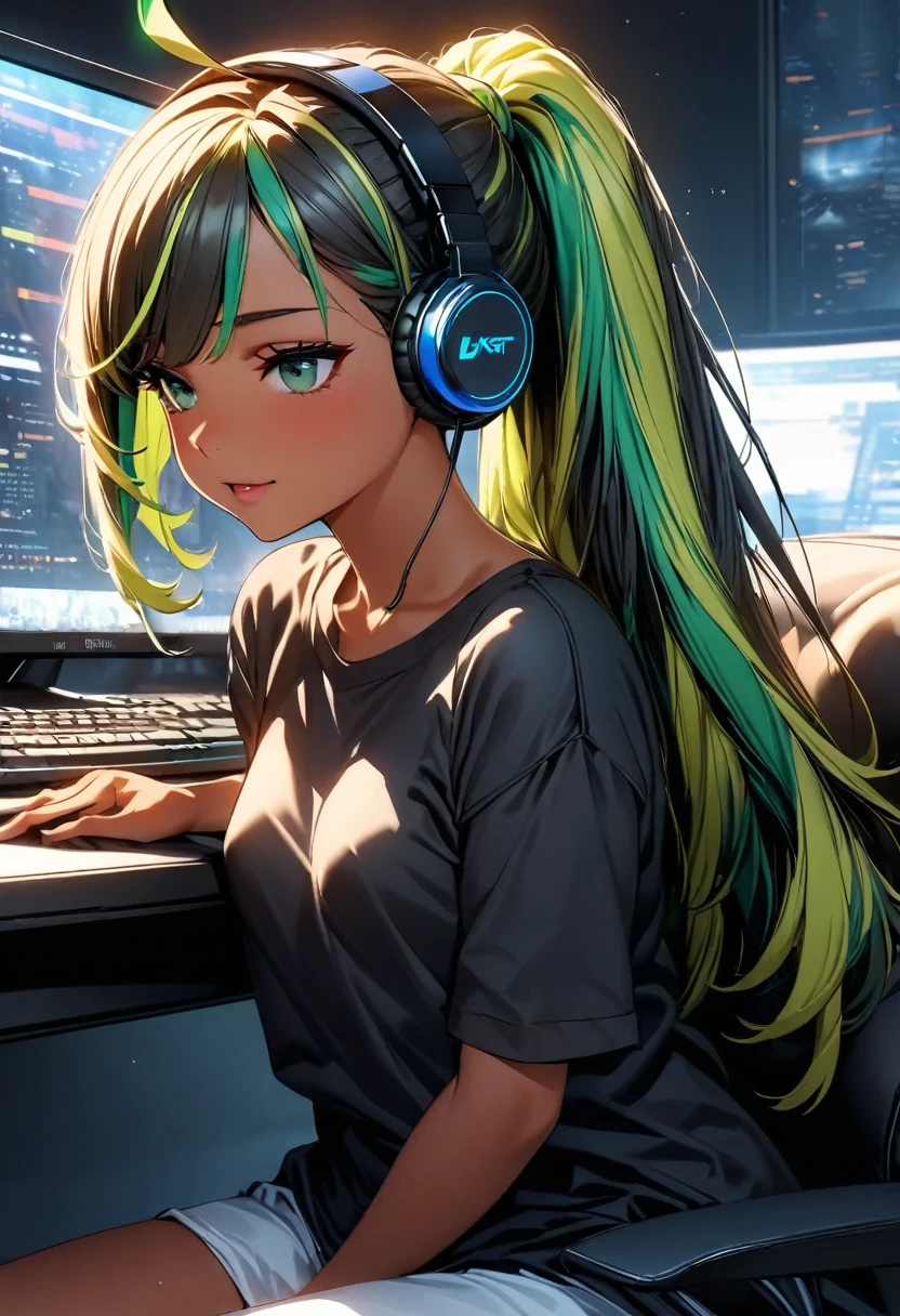 (highest quality:1.2, Very detailed, up to date, Vibrant, Ultra-high resolution, High Contrast, masterpiece:1.2, highest quality, Best aesthetics), Portraiture、girl、((25 years old:1.8)), (slim:1.2), Bright colors、Beautiful fine details、Beautiful lip detail、long hair, (ponytail:1.3), white and yellow green ((streaked hair:1.6)), highlights hair: 1.5, (small breast,:1) (tan skin:1.2), black t-shirt, pants, ((wear headphone:1)), game programer, typing keyboard on the desk PC., sitting gaming chair, glasses, side shot, (cowboy shot:1.1), (look at PC on the desk:1), upper body