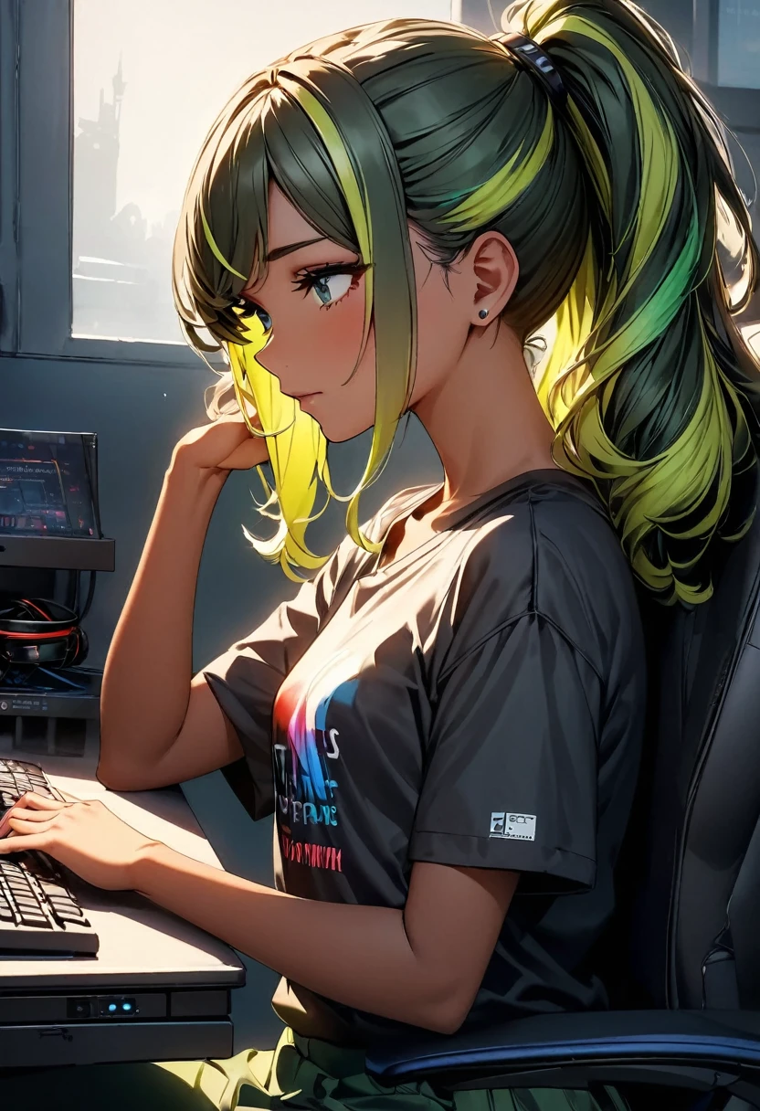 (highest quality:1.2, Very detailed, up to date, Vibrant, Ultra-high resolution, High Contrast, masterpiece:1.2, highest quality, Best aesthetics), Portraiture、girl、((25 years old:1.8)), (slim:1.2), Bright colors、Beautiful fine details、Beautiful lip detail、long hair, (ponytail:1.3), white and yellow green ((streaked hair:1.6)), highlights hair: 1.5, (small breast,:1) (tan skin:1.2), black t-shirt, pants, ((wear headphone:1)), game programer, typing keyboard on the desk PC., sitting gaming chair, glasses, side shot, (cowboy shot:1.1), (look at PC on the desk:1), upper body