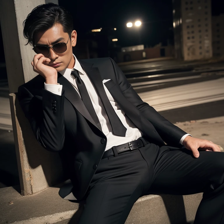 50 years old,One Man,Black Suit,Abandoned factory at night、mafia、Bend、Spread your legs wide、Hold a gun,Open your legs more,logic,Gay ,Very Short Hair,Stubble,Black sunglasses,Asian Faces,Masculine,The groin area swells、Close-up of the crotch area