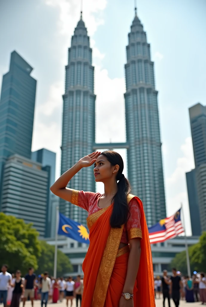 20 years old tamil girl salute for the Malaysia flag in front of Twin Tower