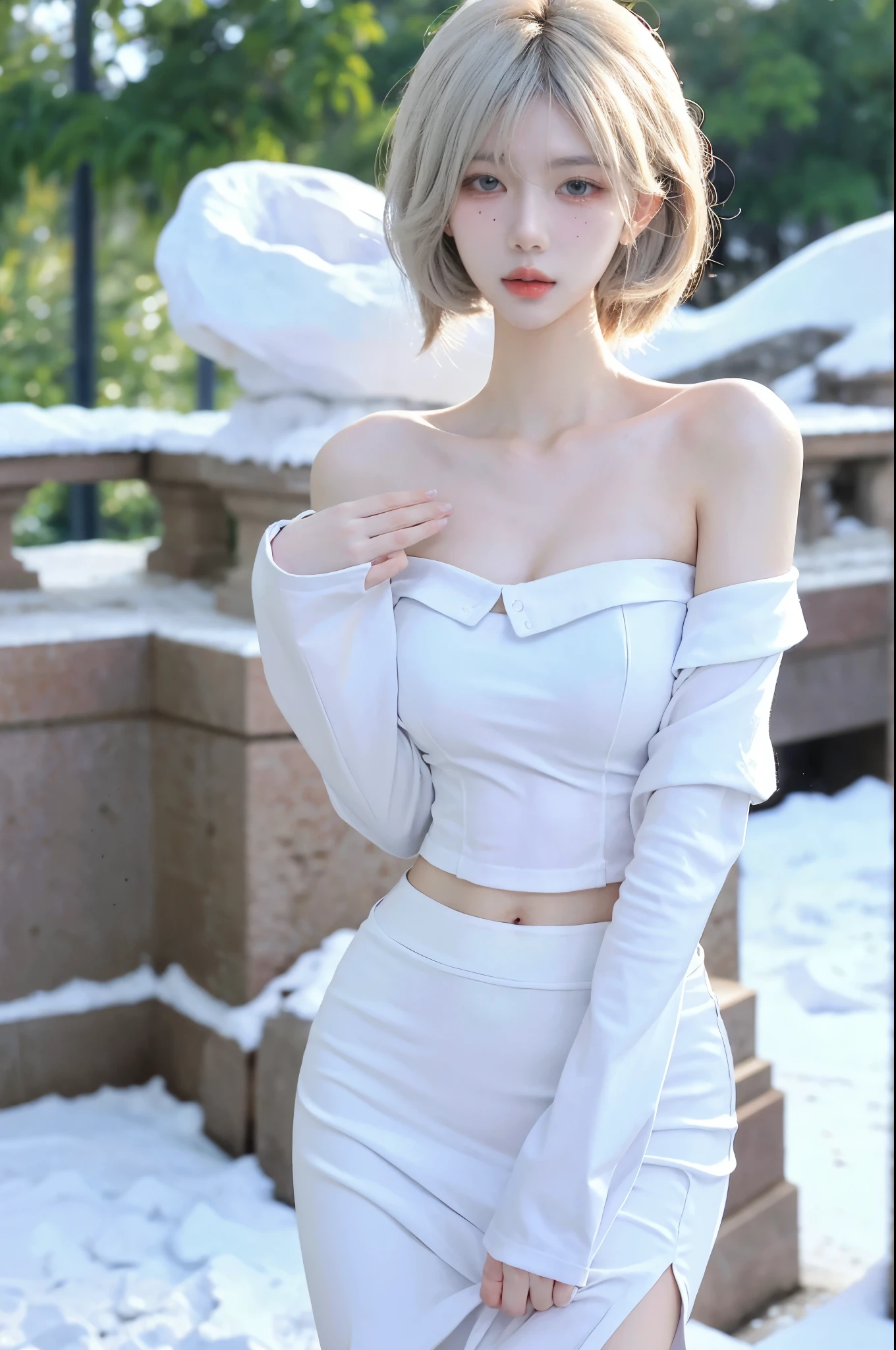 Beautiful woman with perfect figure:1.4，snow，snow background，Layered Hairstyle，White skin，Prominent cleavage，Pleated Skirt，whole body，Very delicate face and skin texture，Double eyelids，Skin Whitening，Long white hair