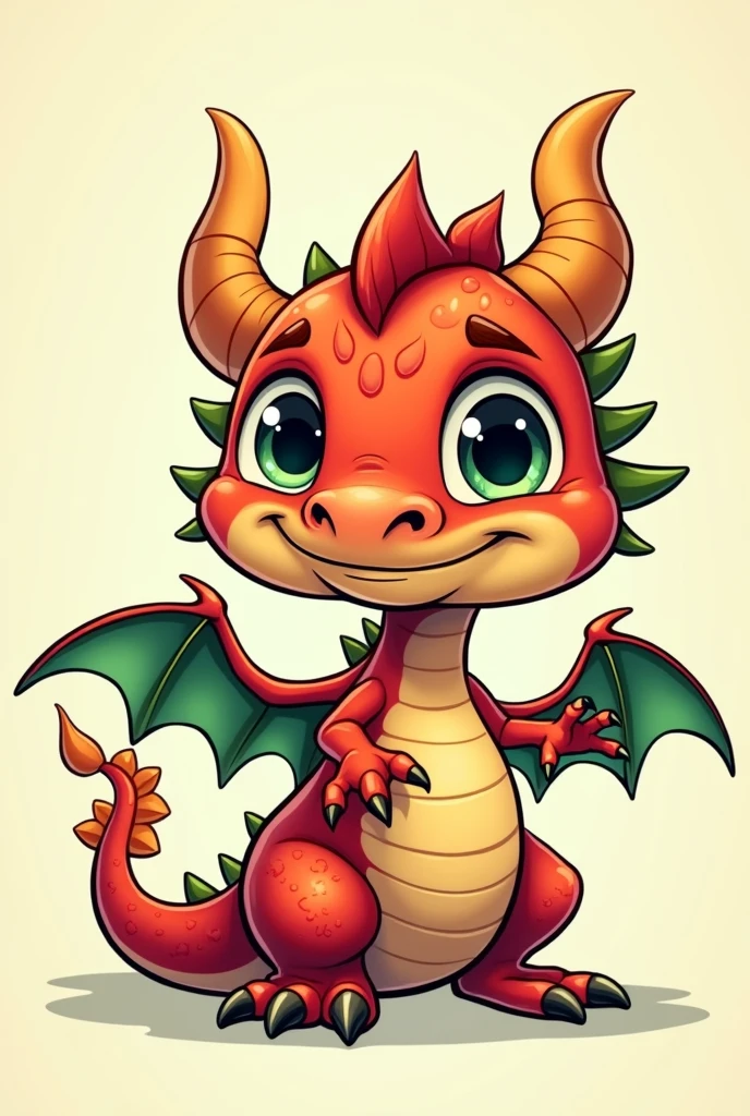 A small cute red green dragon (masculine) with a pointy nose as a comic drawing
