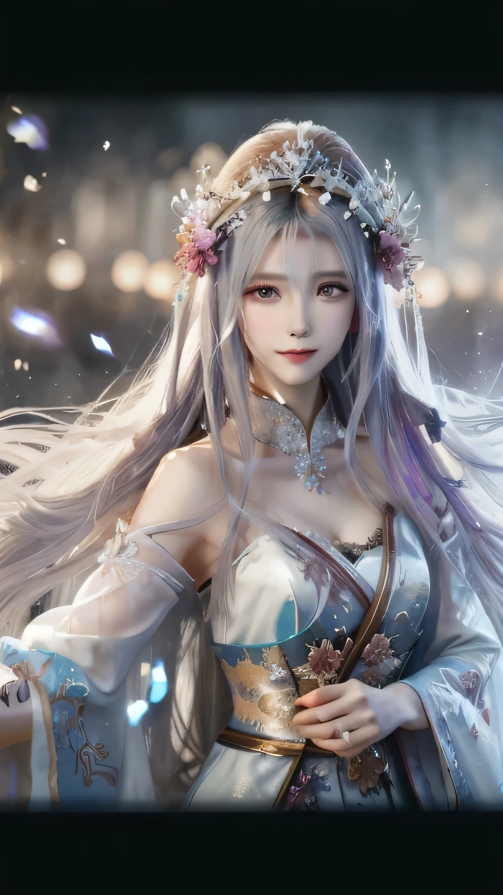 A woman with long hair wearing a white dress and a crown, ((Beautiful Fantasy Empress)), Beautiful Fantasy Empress, Japanese Goddess, Beautiful character drawings, Beautiful fantasy anime, Chinese Fantasy, Ethereal Anime, Anime Goddess, White-haired God, Anime fantasy illustration, 8K high quality, detailed art, Beautiful young wind spirit, Fantastic fantasy, Heavenly Beauty, Beautiful maiden、serene and peaceful facial expression