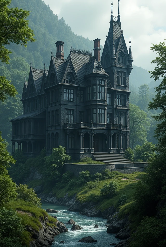Generate a mansion located in the middle of woods. It is located at a little height.it has river at its right. And forest at left.the mansion is black colour.it has walls around mansion