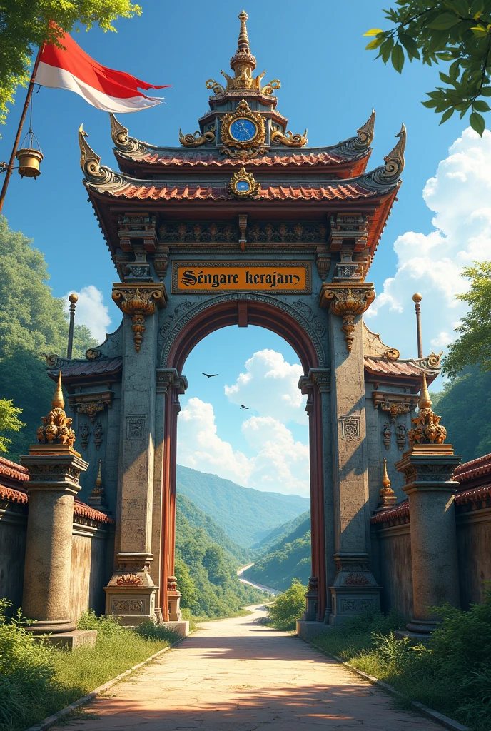 A grand, majestic gate stands at the entrance of the village road.
There is a sign that reads "Sengare kerajan" (Kingdom of Sengare).
The village atmosphere is magnificent.
There is a red and white flag.