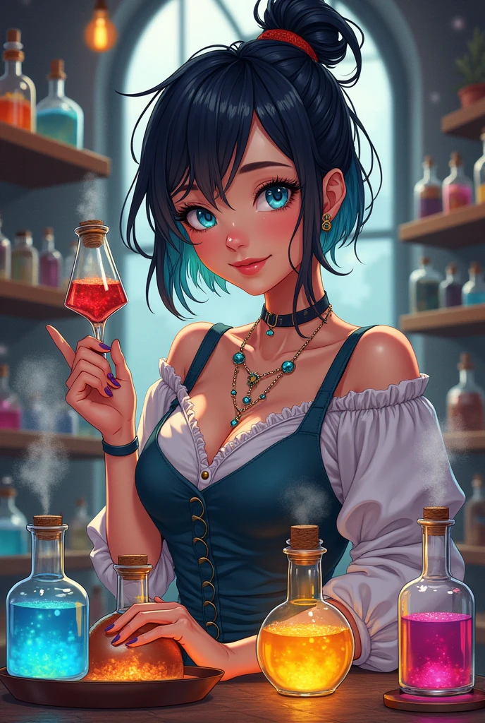 (fantasy:1.5),(anime,8k,masterpiece, top quality, best quality,beautiful and aesthetic:1.2,professional illustrasion:1.1,ultra detail:1.3,perfect lighting),extremely detailed,highest detailed,incredibly absurdres , highres, ultra detailed,intricate:1.6,(Alchemy Workshop:1.4),A girl mixing,Medicine in many small bottles,holding small potion,colorful:1.4,zentangle,(1girl),(girl),(Three kingdoms female warload),(highly detailed beautiful face and eyes,firm breasts),oily skin,((black,hair,short bob with short pony tail hair)),thin pubic hair,cute,lovely,34 years old,alchemist costume,Merchant's Clothing,smile,in the kitchen,smile,seductive weak smiling,(with sparkling eyes and a contagious smile),open mouth, Looking at Viewer,