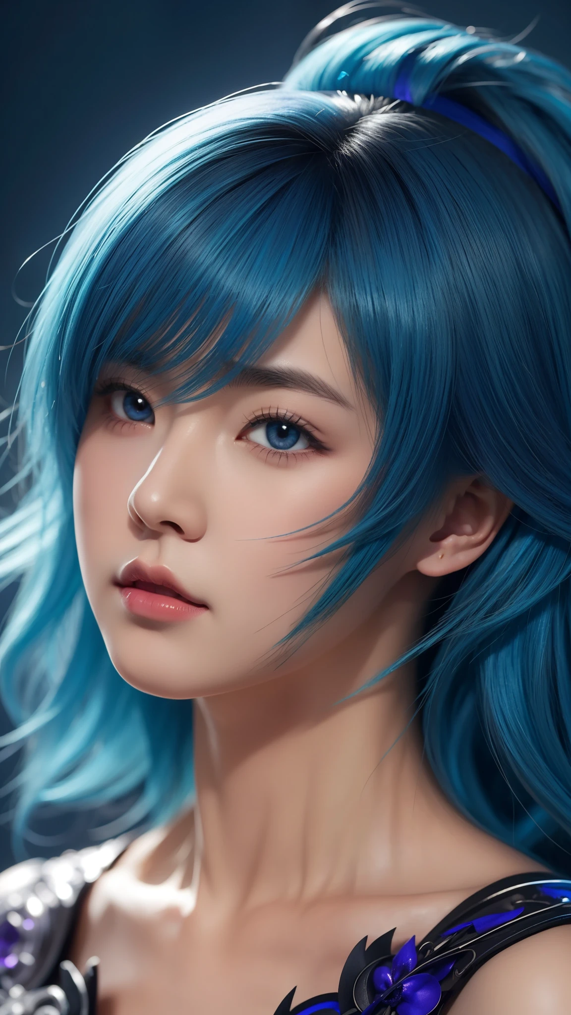 anime girl with blue hair and purple eyes posing for a picture, hestia, ayaka genshin impact, blue scales covering her chest, extremely detailed artgerm, portrait knights of zodiac girl, tsuaii, zerochan art, by Kamagurka, azure. detailed hair, artgerm on artstation pixiv, smooth anime cg art