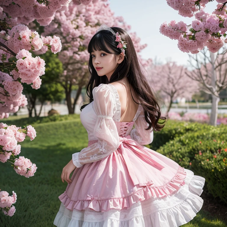 Side view,side angle, Bow tie at the back of the waist, There is a bow on the back，Sideways photo, Skirt length to calf, cupcake dress, Layered skirt with lace on each layer, Put on a lolita dress, layered dress, Pink Lolita dress, lots of lace, Long sleeve, Wide sleeves, Big Skirt, Layered lace skirt, Lace skirt，Puff sleeves, Wide sleeves, Transparent sleeves, intricate details showcase the ruffles and intricate designs of the Lolita dress, Wearing a lolita dress, in a sea of flowers, best quality, Delicate face，beautiful visual work, lifelike, eternity, black hair, Long curly hair, blunt bangs, Smile, Detailed Background, Delicate face，blush，cold，((masterpiece))、(top quality)、8k、high detail、Super detailed，41 years old，woman， masterpiece、born、Scenes resembling fairy tale illustrations、intricate details和複雜的設計、Beautifully、magic、capricious、 Beautifully、Dream aesthetics、「𝓡𝓸𝓶𝓪𝓷𝓽𝓲𝓬、ethereal、charming、fickle、magic」、realism、Visual effects、FXAA、SSAO、Shader、voiceless、ambient lighting、Tone mapping、High resolution、Ultra high quality、Million pixels、(8K resolution:1.10)、8k、8k以下、8K resolution、high detail、intricate details， (high quality:1.2、masterpiece:1.2、:1.21)、(41 years old，woman:1.21)、(興奮地Smile)、(Surrounded by a dreamy atmosphere、Model diagram，full-body shot，Normal 2 feet，Put your hands behind your back，Breast protrusion visible when wearing clothes, Large Breasts, H cup chest, pink dress, Don't show your fingers, full-body shot， full-body shot，full-body shot，full-body shot，full-body shot，full-body shot，full-body shot，full-body shot，Hands hidden in clothes, Hands hidden in clothes,Hands hidden in clothes,Hands hidden in clothes,Hands hidden in clothes,Hands hidden in clothes,Hands hidden in clothes,Hands hidden in clothes,Hands hidden in clothes, ,Hide your hands in your sleeves ,Hide your hands in your sleeves ,Hide your hands in your sleeves ,Hide your hands in your sleeves ,Hide your hands in your sleeves ,Hide your hands in your sleeves ,Hide your hands in your sleeves ,Hide your hands in your sleeves, Put your arms behind your back, Put your arms behind your back, side view