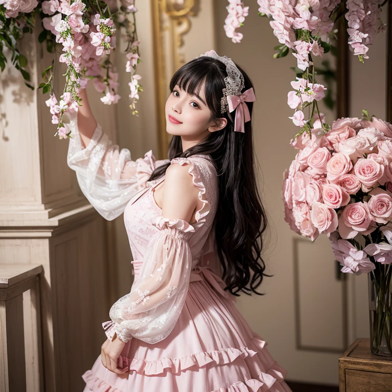 Side view,side angle, Bow tie at the back of the waist, There is a bow on the back，Sideways photo, Skirt length to calf, cupcake dress, Layered skirt with lace on each layer, Put on a lolita dress, layered dress, Pink Lolita dress, lots of lace, Long sleeve, Wide sleeves, Big Skirt, Layered lace skirt, Lace skirt，Puff sleeves, Wide sleeves, Transparent sleeves, intricate details showcase the ruffles and intricate designs of the Lolita dress, Wearing a lolita dress, in a sea of flowers, best quality, Delicate face，beautiful visual work, lifelike, eternity, black hair, Long curly hair, blunt bangs, Smile, Detailed Background, Delicate face，blush，cold，((masterpiece))、(top quality)、8k、high detail、Super detailed，41 years old，woman， masterpiece、born、Scenes resembling fairy tale illustrations、intricate details和複雜的設計、Beautifully、magic、capricious、 Beautifully、Dream aesthetics、「𝓡𝓸𝓶𝓪𝓷𝓽𝓲𝓬、ethereal、charming、fickle、magic」、realism、Visual effects、FXAA、SSAO、Shader、voiceless、ambient lighting、Tone mapping、High resolution、Ultra high quality、Million pixels、(8K resolution:1.10)、8k、8k以下、8K resolution、high detail、intricate details， (high quality:1.2、masterpiece:1.2、:1.21)、(41 years old，woman:1.21)、(興奮地Smile)、(Surrounded by a dreamy atmosphere、Model diagram，full-body shot，Normal 2 feet，Put your hands behind your back，Breast protrusion visible when wearing clothes, Large Breasts, H cup chest, pink dress, Don't show your fingers, full-body shot， full-body shot，full-body shot，full-body shot，full-body shot，full-body shot，full-body shot，full-body shot，Hands hidden in clothes, Hands hidden in clothes,Hands hidden in clothes,Hands hidden in clothes,Hands hidden in clothes,Hands hidden in clothes,Hands hidden in clothes,Hands hidden in clothes,Hands hidden in clothes, ,Hide your hands in your sleeves ,Hide your hands in your sleeves ,Hide your hands in your sleeves ,Hide your hands in your sleeves ,Hide your hands in your sleeves ,Hide your hands in your sleeves ,Hide your hands in your sleeves ,Hide your hands in your sleeves, Put your arms behind your back, Put your arms behind your back, side view