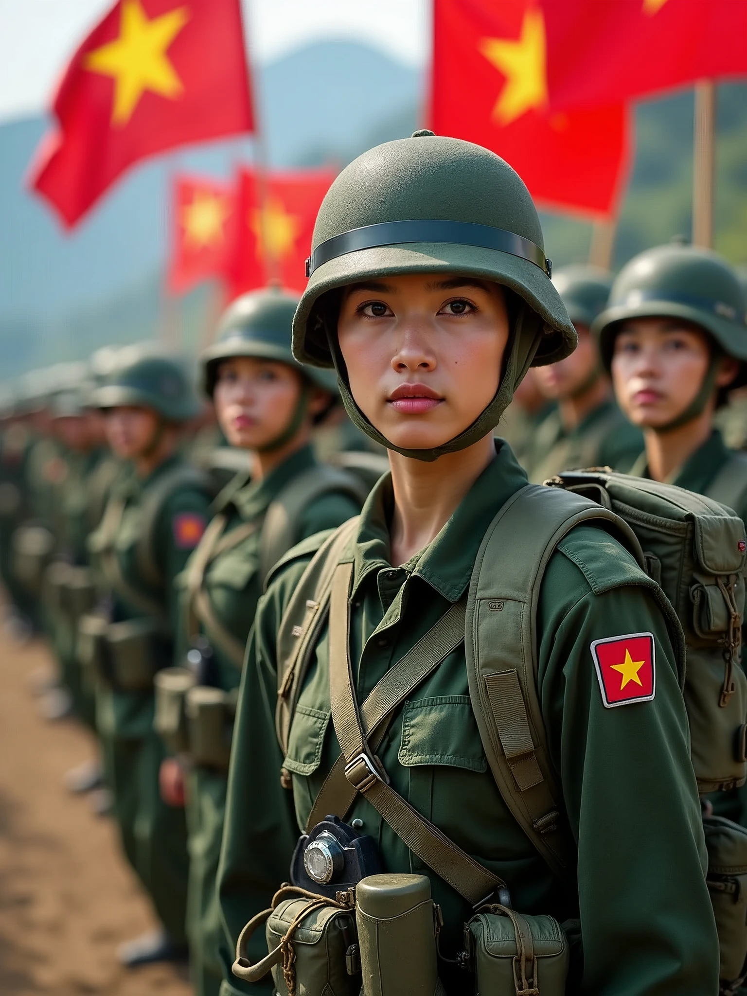 Images of the Vietnamese military often include the following elements:

1. **Uniform**: Soldiers often wear green or camouflage uniforms, representing camouflage in mountainous environments. Baseball caps or pith helmets are also part of the uniform. Soldiers sometimes carry equipment such as backpacks, belts, and personal weapons.

2. **Activities**: The Vietnamese military may be depicted in training activities, patrolling, or participating in border and territorial protection campaigns. These activities often take place in natural environments such as mountains or plains.

3. **Military equipment**: Images may also include military vehicles such as tanks, armored vehicles, helicopters, or other heavy weapons. The Vietnamese military also uses air defense systems and other tactical weapons.

 4. **Spirit**: Images of the Vietnamese military often show fighting spirit, resilience and patriotism. Soldiers are often depicted with serious expressions, focused and ready to carry out their missions.

5. **Parades**: During national events or celebrations, images of the Vietnamese military may include parades with neat ranks, red flags with yellow stars, and soldiers marching in unison, demonstrating strength and solidarity.