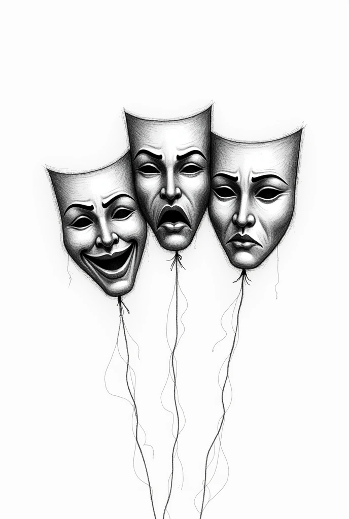 Three theater masks photo black and white drawn style with sketch